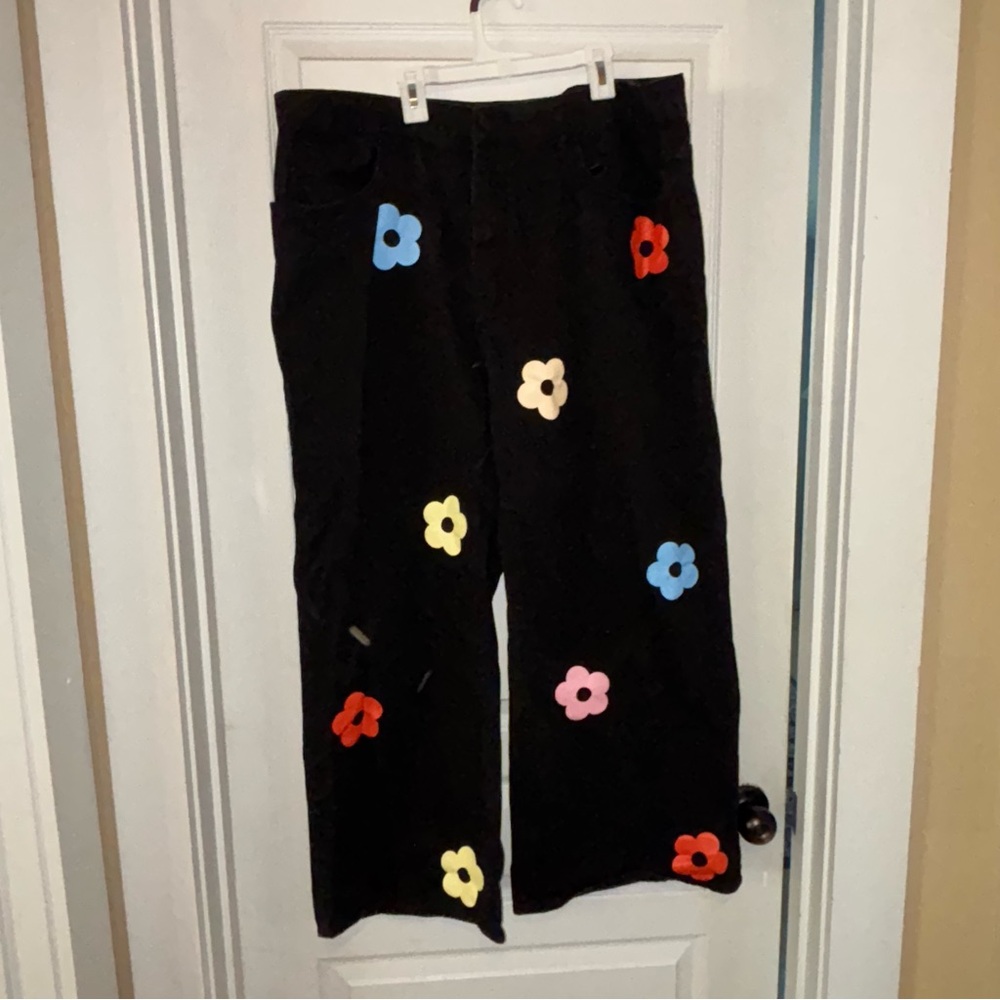 Cider Black and Red Flare Pants with Floral Pattern
